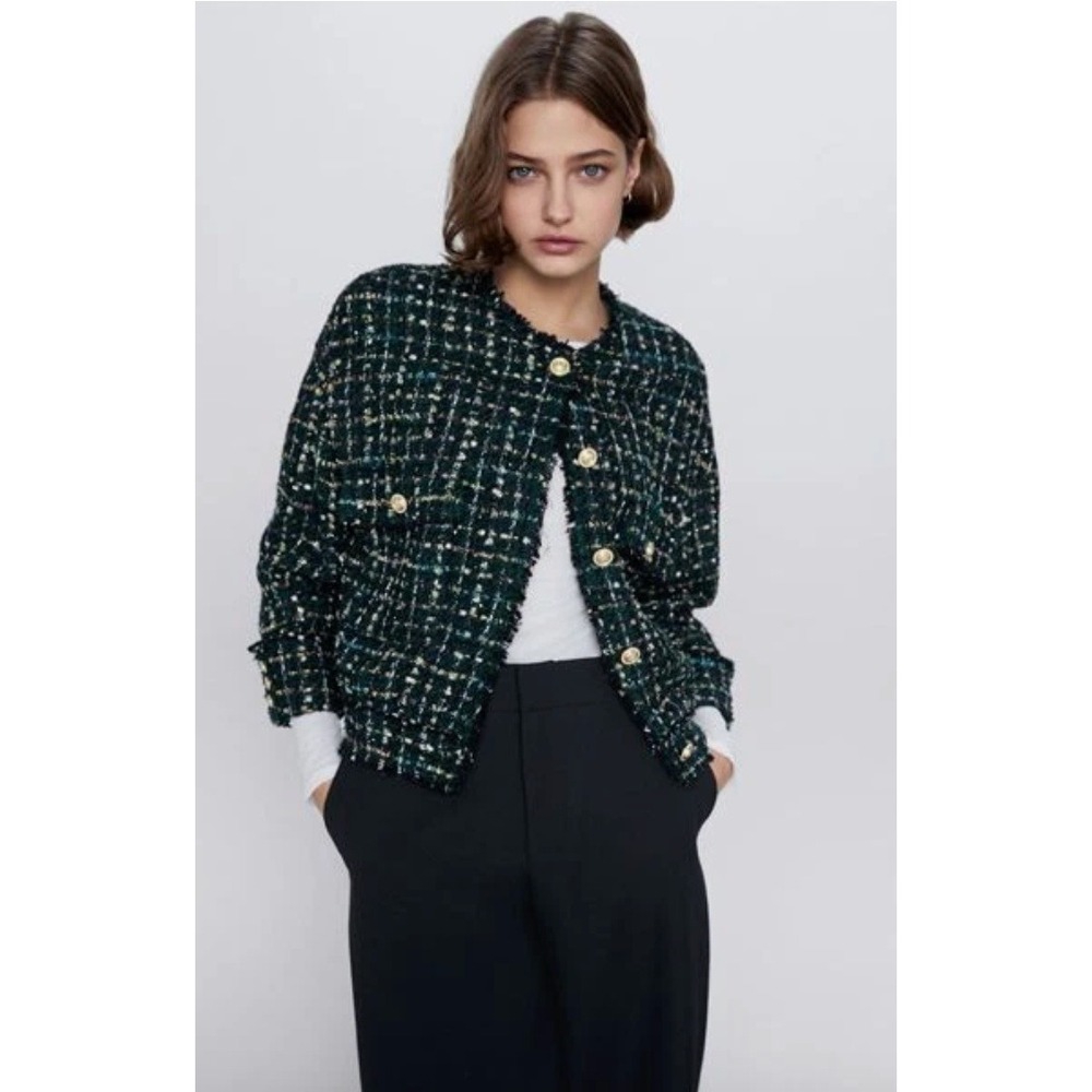 Zara Tweed Textured Jacket Women S Green Gold Button Old Money Officecore